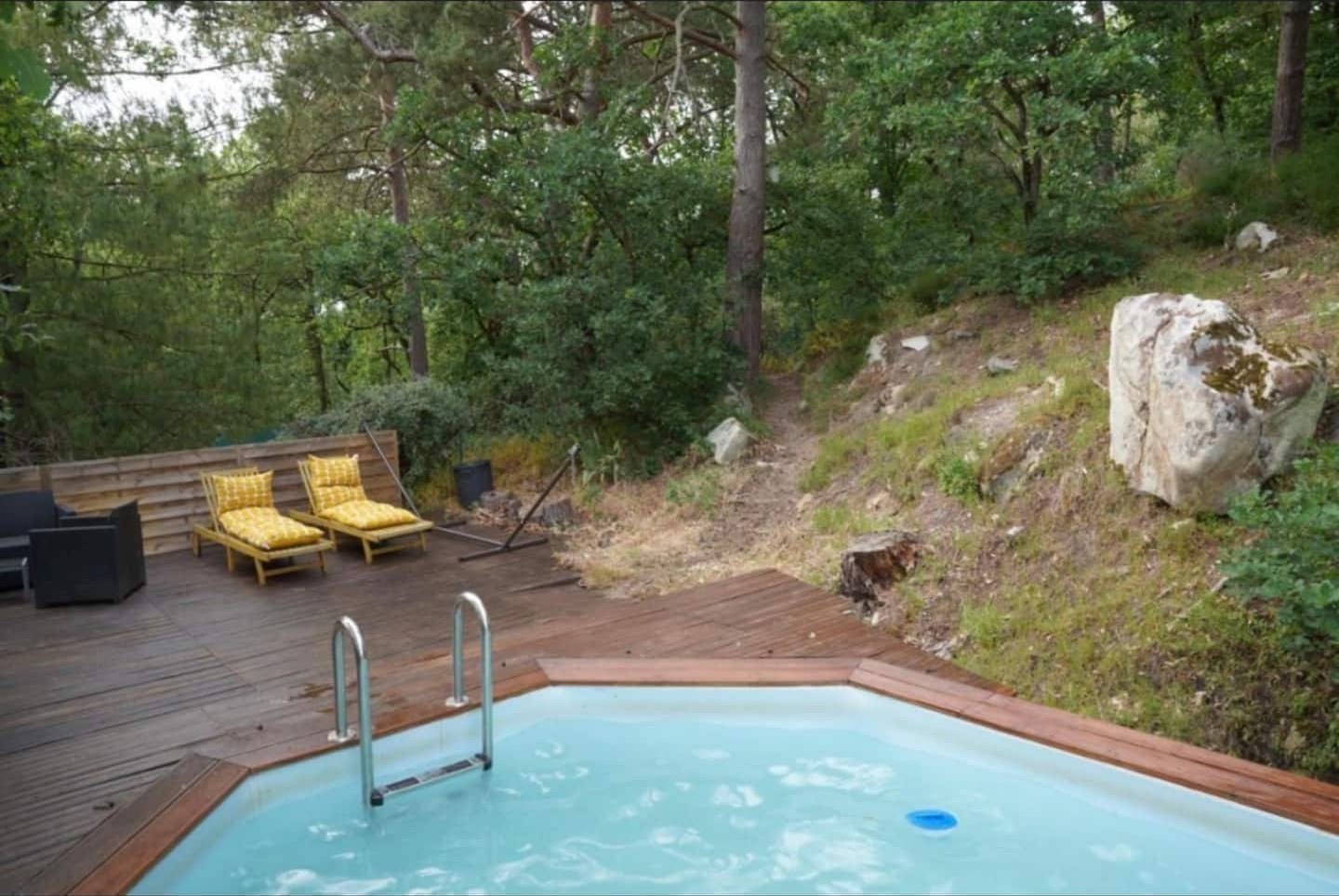 La piscine et sa terrasse en bois adossées à la forêt